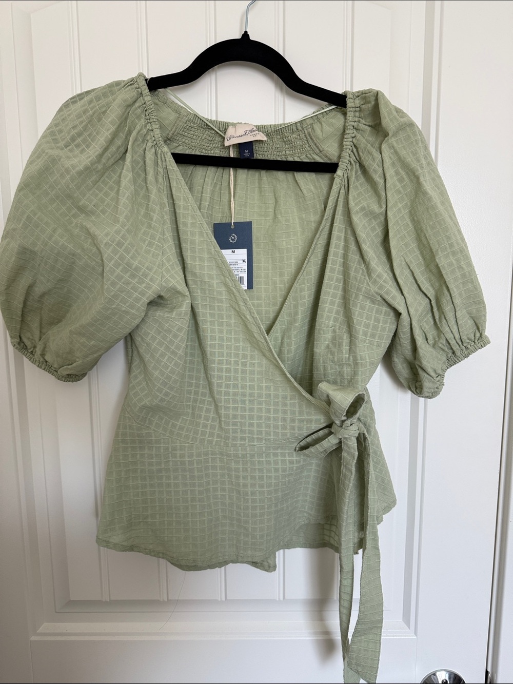 Sage Pastel Green Wrap Puff-Sleeve Top